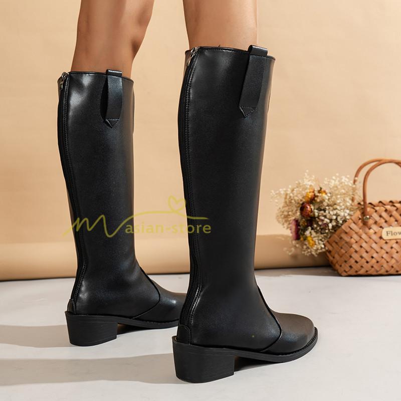 ロングブーツ | レディース ブーツ 秋冬 黒ブーツ シューズ 靴 太ヒール チャンキーヒール 合皮ブーツ PUブーツ ロング靴 COS 後ろファスナー くつ コスプレ