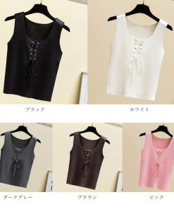 Tシャツ・カットソー | ニットキャミソール レースアップ 春夏 ノースリーブ レディース ニットビスチェ タンクトップ トップス