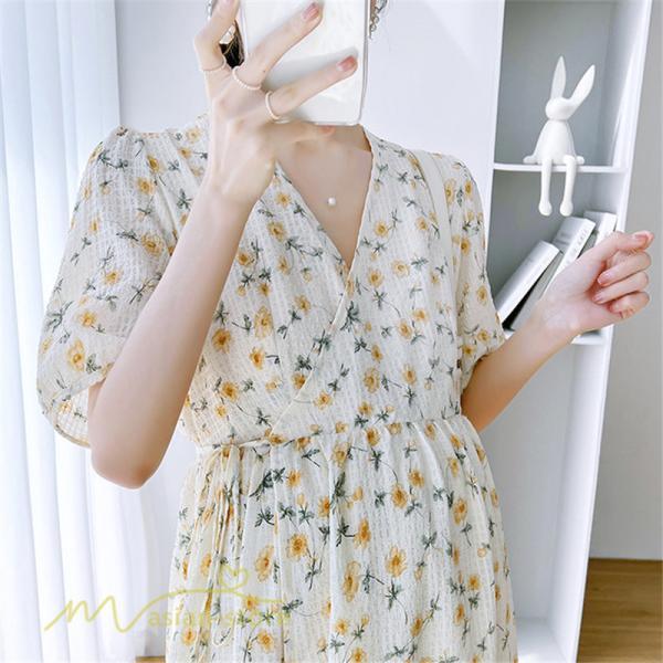 ワンピース | マタニティレディース 着痩せ 小花柄 Vネック マタニティ Aライン 夏新作 ひざ丈 韓国風 半袖 カジュアル 妊婦服 マタニティウェア