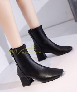 ショートブーツ | ブーティー ブーツ レディース シューズ 靴 太ヒール チャンキーヒール 合皮ブーツ PUブーツ くつ 黒靴 春秋冬 後ろファスナー 大人 美脚
