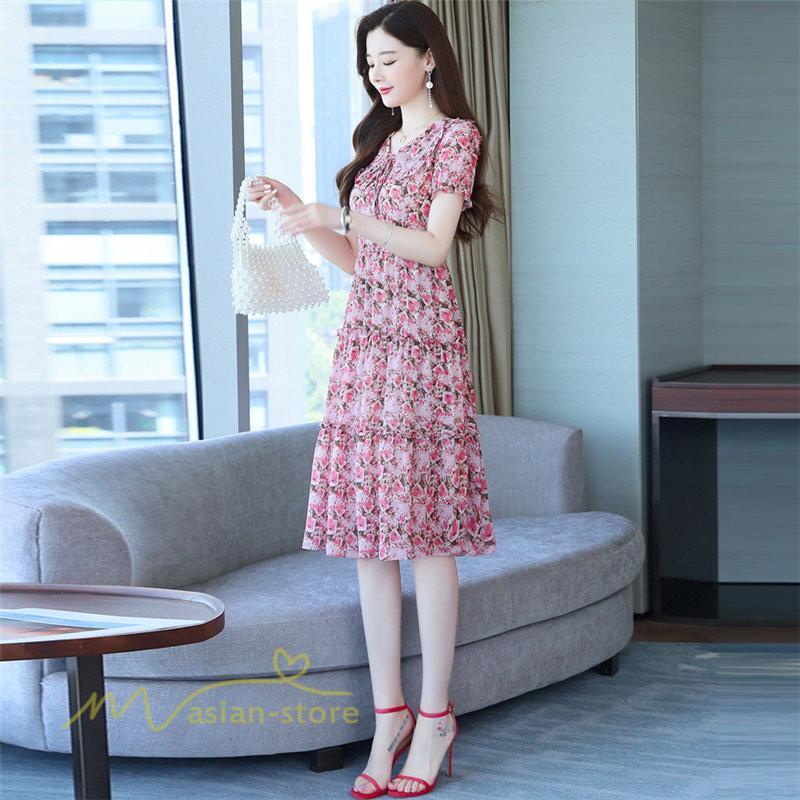 ミディアム | ワンピース レディース Aライン カジュアル Vネック サマー 半袖 ひざ丈 ミディアムワンピース 大きいサイズ 上品 花柄 着痩せ サマーワンピース 夏服