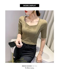 ｔシャツ・カットソー | Tシャツ Tシャツ レディース カットソー 着痩せ 5分袖 着回し 人気 スクエアネック ストレッチ 無地 ショート丈 細身 カジュアルトップス 着痩せ サマー きれい