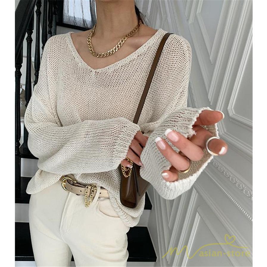 ニット・セーター | ニット サマーニット レディース トップス カットソー ニットソー Vネック 透かし編み 長袖 クルーネック Tシャツ ゆる 薄手 Tシャツ カジュアル リラックス