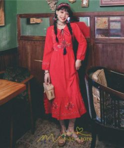 マキシ | ロングワンピース 長袖 花柄 フレア エスニック風 民族風 レトロ調 刺繍 綿麻 リゾート 旅行 レジャー お出かけ 外出 華奢魅せ 着痩せ 女子会 Vネック 同窓会