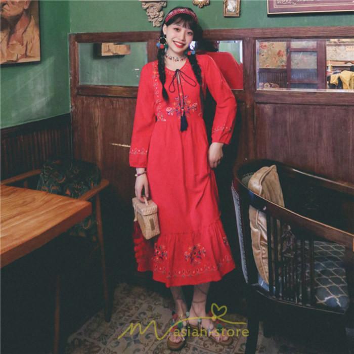 マキシ | ロングワンピース 長袖 花柄 フレア エスニック風 民族風 レトロ調 刺繍 綿麻 リゾート 旅行 レジャー お出かけ 外出 華奢魅せ 着痩せ 女子会 Vネック 同窓会