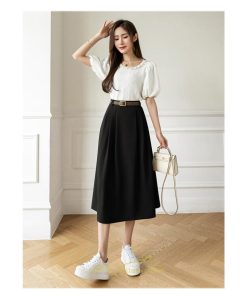 スカート | Aラインミモレ丈 裏地付き ボトムス 春 夏 黒 ベージュ カーキ おしゃれ お呼ばれ ファッション 女子会 カジュアル 無地 デート