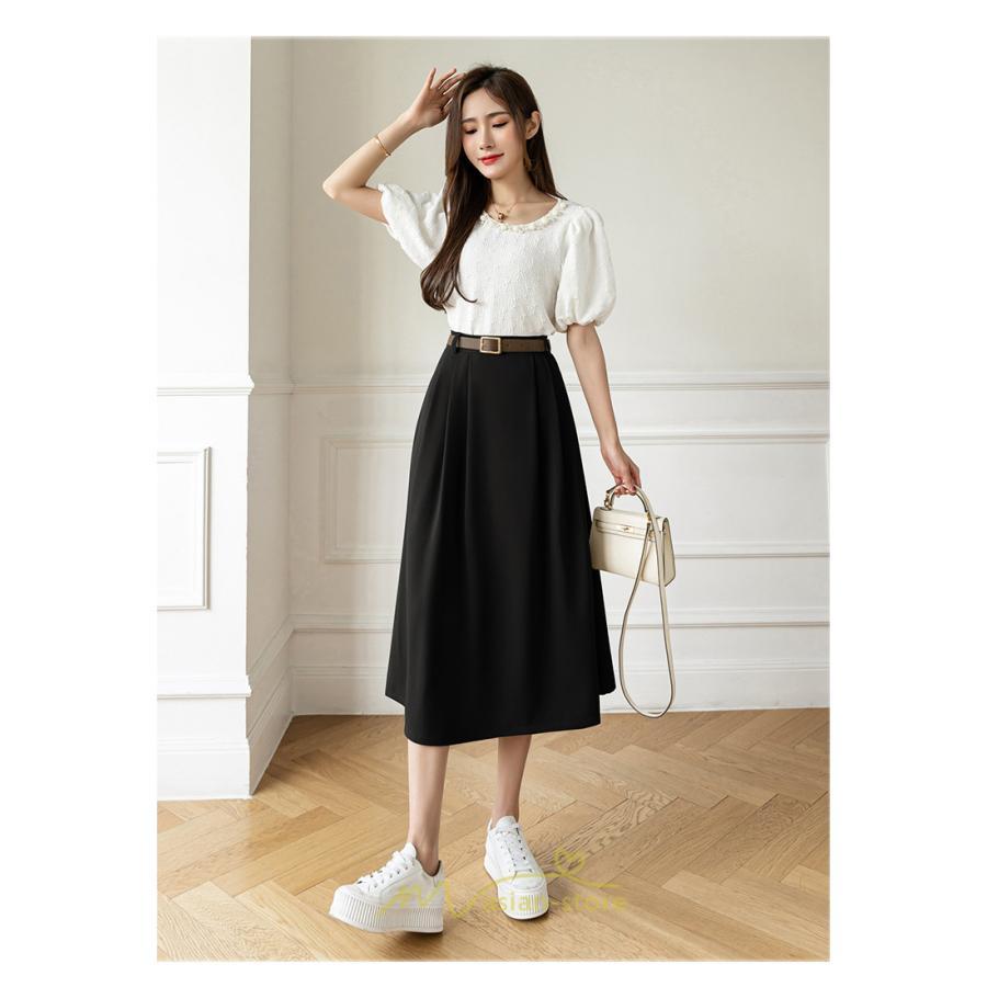 スカート | Aラインミモレ丈 裏地付き ボトムス 春 夏 黒 ベージュ カーキ おしゃれ お呼ばれ ファッション 女子会 カジュアル 無地 デート
