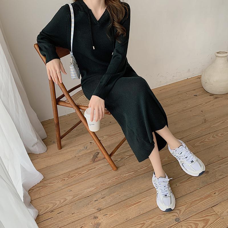 ニットワンピース | ワンピース 秋冬 リブニット ロングワンピース ミモレ丈 無地 フード付き 帽子 ストレッチ 大人 長袖 セーター 50代 20代30代 アウター 大人