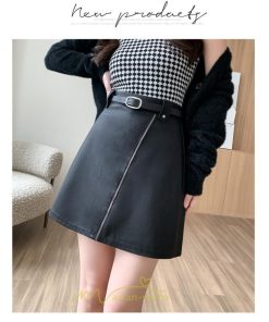 スカート | レザーボトムス ミニAライン 秋冬 レディース 革通勤 着痩せ フェイクレザー インナーパンツ付き ベルト付き ジッパー