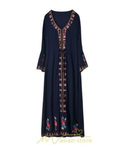マキシ | ロングワンピース ロング丈 刺繍 ワンピ 民族風 エスニック風 長袖 ゆったり 体型カバー シンプル ナチュラル 花柄 旅行 着痩せ 綿麻 お出かけ　 リゾート