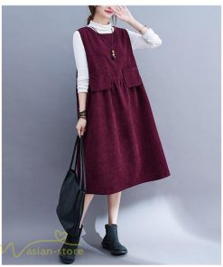 ノースリーブ | ワンピース 秋 冬 レディース 無地 可愛い 新作 丸首 コーデュロイ ひざ丈 ミディアムワンピース ゆったり シンプル ゆるワンピース プルオーバー