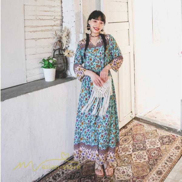 マキシ | ワンピース レディース 総柄 きれいめ ロングワンピース 可愛い カジュアル 春 夏 秋 40代 7分袖 上品 きれいめ 民族風 旅行着 おしゃれ プルオーバー