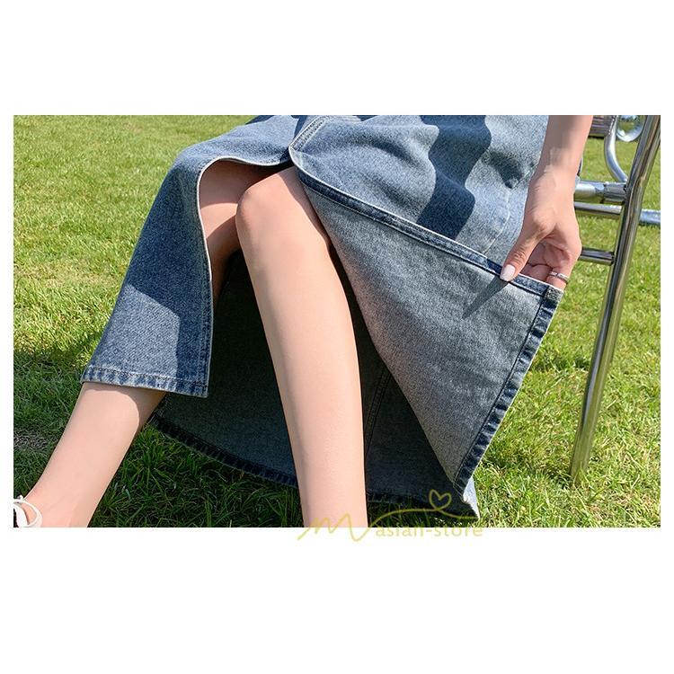 スカート | フロントスリット入れデニム秋物 レディース ロング丈 ハイウエスト タイトAライン美ライン 通学通勤 フェミニン 大人 おしゃれ