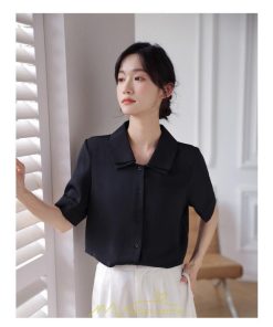 シャツ・ブラウス | トップス ブラウス 半袖 シャツ レディース オフィス フォーマル 白 黒 開襟 二重襟 バブルスリーブ 着痩せ フランス風 仕事服 クラシック 無地 通勤 大人 上品