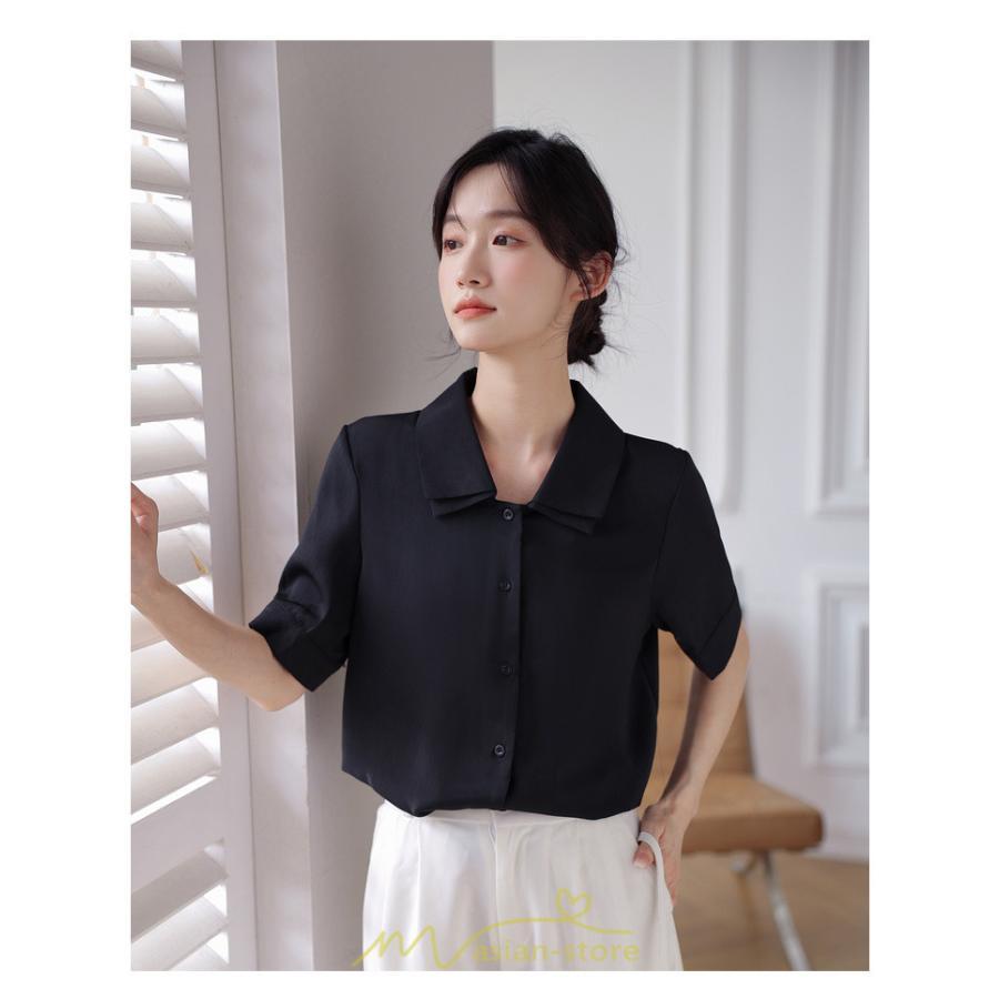 シャツ・ブラウス | トップス ブラウス 半袖 シャツ レディース オフィス フォーマル 白 黒 開襟 二重襟 バブルスリーブ 着痩せ フランス風 仕事服 クラシック 無地 通勤 大人 上品
