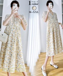 ワンピース | マタニティレディース 着痩せ 小花柄 Vネック マタニティ Aライン 夏新作 ひざ丈 韓国風 半袖 カジュアル 妊婦服 マタニティウェア
