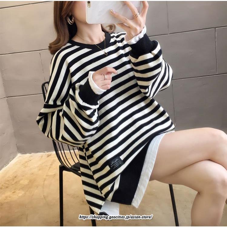 パーカー | 重ね着風トレーナー レディース 長袖 トップス カジュアル スウェット ボーダー柄 ゆったり トレーナー トップス 切り替え 可愛い きれいめ レイヤード風
