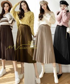 スカート | プリーツロングミモレ丈 Aラインウエストゴム ハイウエスト 秋冬 無地 ゆったり 大人 通学通勤 プリーツ エレガント