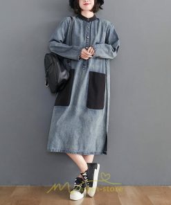 デニムワンピース | ワンピース レディース ロングワンピース 夏 おしゃれ 春 秋 長袖 ポケット付き 体型カバー 着痩せ 可愛い スリット 20代30代40代50代