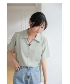 シャツ・ブラウス | ブラウス シャツ 夏 半袖 レディース 白 緑 無地 Vネック 開襟 胸ポケット 通気性 シンプル フランス風 女性 オフィス エレガント 上品 着痩せ 通勤 華奢見え OL