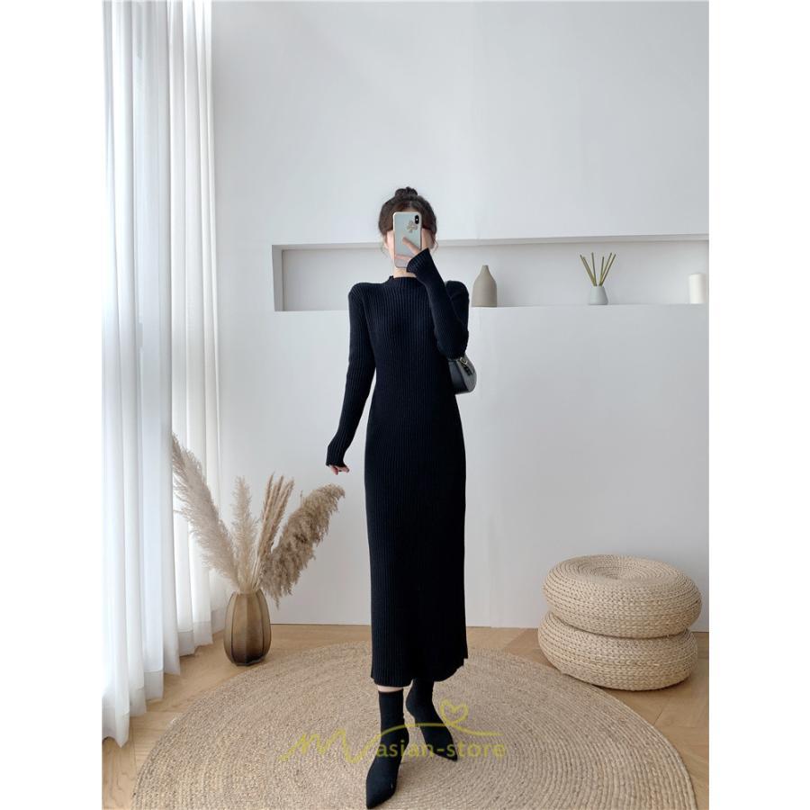 ニットワンピース | レディース 冬 きれいめ ロング おしゃれ 秋冬 長袖 ハイネック サイドスリット セクシー 同窓会 デート 大人フェミニン 女子会 韓国風