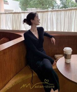 ニットワンピース | ワンピース 春 春服 レディース 長袖 ゆったり 秋 冬 vネック 着痩せ スリット 旅行 女子会 デート 20代30代40代50代 お出かけ