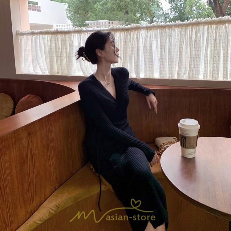 ニットワンピース | ワンピース 春 春服 レディース 長袖 ゆったり 秋 冬 vネック 着痩せ スリット 旅行 女子会 デート 20代30代40代50代 お出かけ