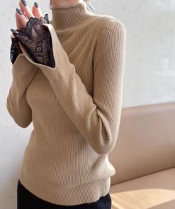 ニット・セーター | フェミニン 秋 スリムフィット 長袖 リブニットトップス レディース 袖レース 冬 細見 ニットセーター ハイネック ニットソー