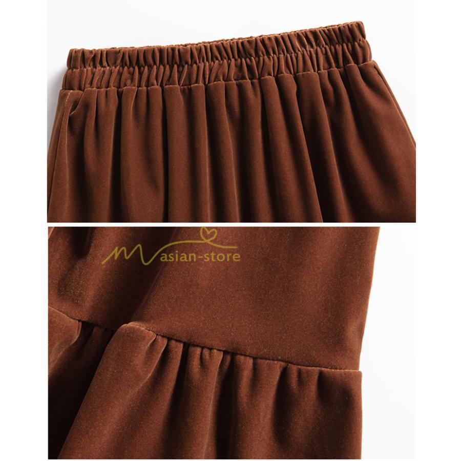 スカート | ロングティアードAラインミモレ丈 フレアビロードウエストゴム ハイウエスト 秋冬 無地 ゆったり