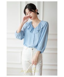 シャツ・ブラウス | ブラウス レディース シャツ おしゃれ きれいめ 七分袖ブラウス カジュアル 無地 フォーマル オフィス 夏物 エレガント Vネック ライトブルー 通勤 ビジネス