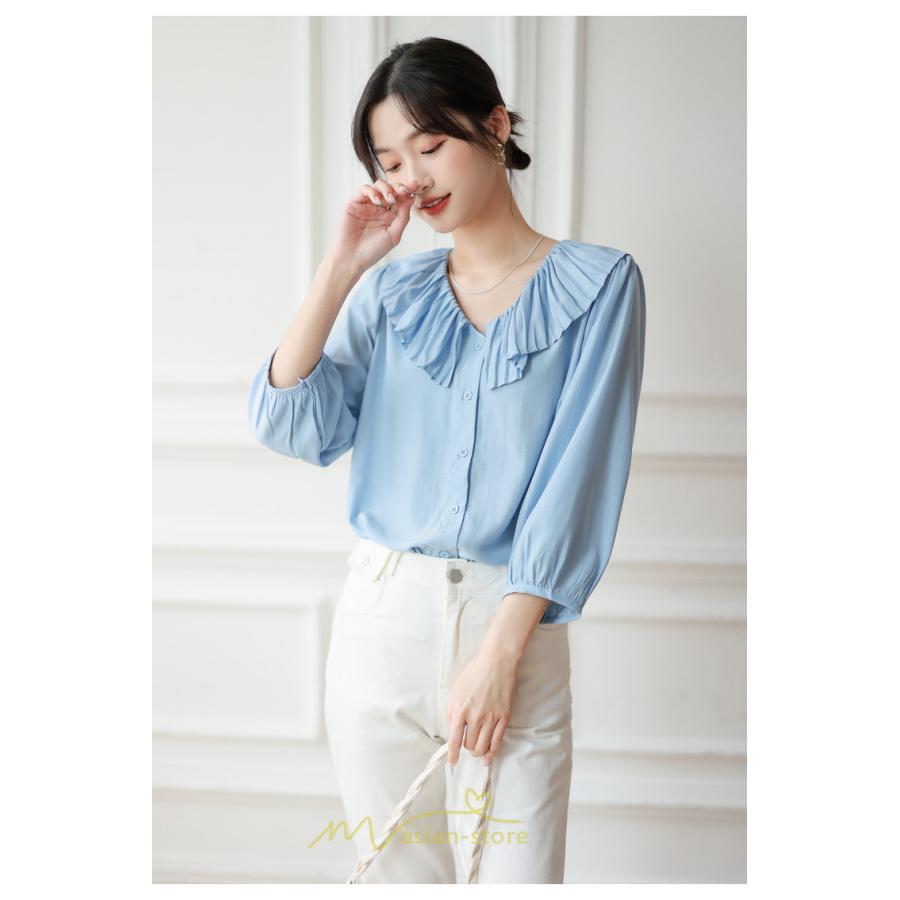 シャツ・ブラウス | ブラウス レディース シャツ おしゃれ きれいめ 七分袖ブラウス カジュアル 無地 フォーマル オフィス 夏物 エレガント Vネック ライトブルー 通勤 ビジネス