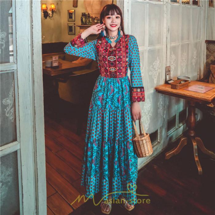 マキシ | ワンピース ロング 着やせ効果抜群 夏秋 長袖 他と被らない 刺繍 上品 きれいめ ロングワンピース マキシワンピ 舞台 演出 パーティー ダンス