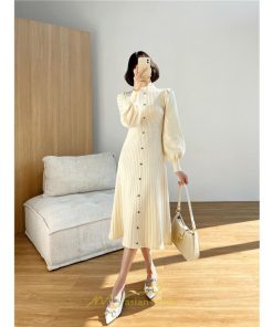 ニットワンピース | レディース 冬 きれいめ ニットフレア ロング おしゃれ ハイネック パフスリーブ 着痩せ エレガント おしゃれ フェミニン 送料無料 可愛い