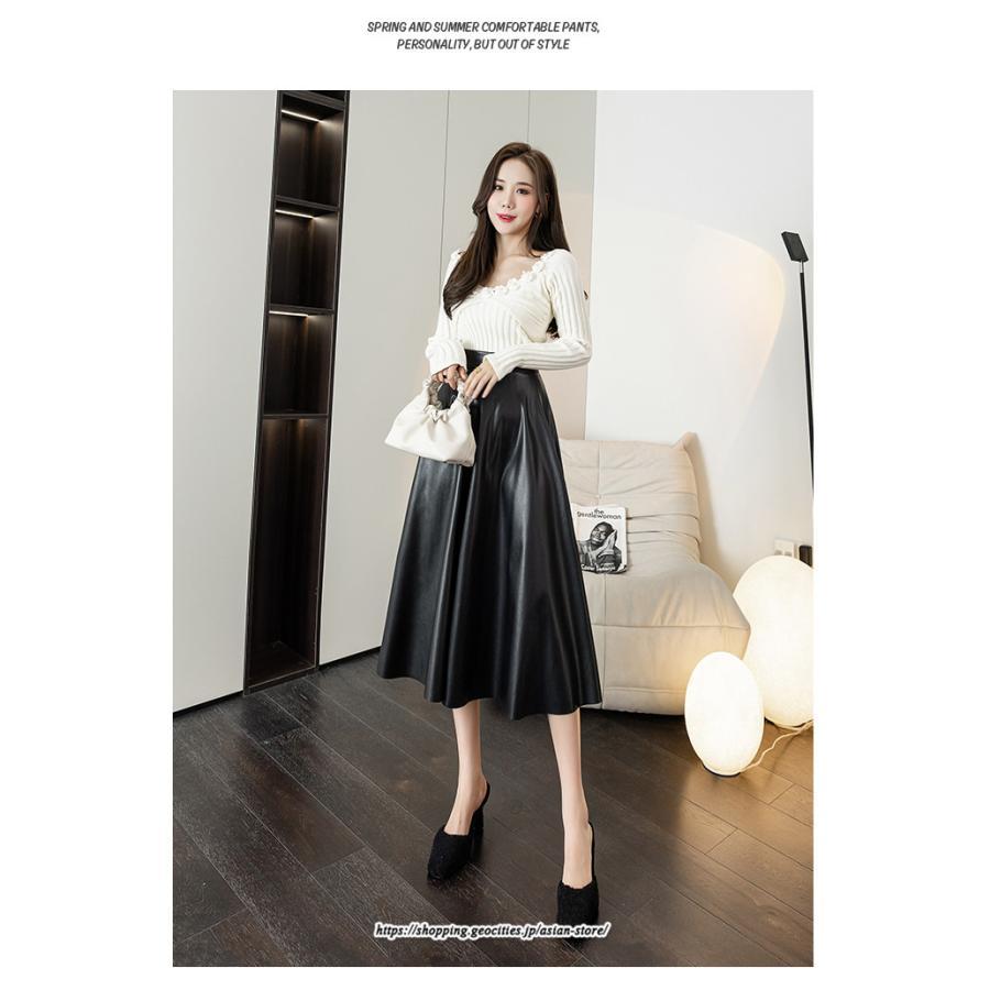スカート | レディース 合皮 ロングミモレ丈韓国ファッション 脚長 かわいい おしゃれ 秋冬 おしゃれ レザーセクシー キレイめ
