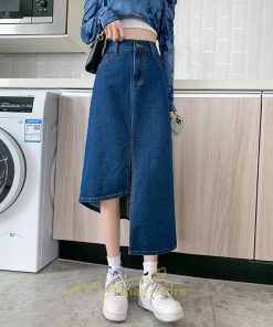 スカート | バッグゴムデニムロング秋冬 ミモレ丈 秋物 レディース 不規則裾 フロントスリット Aライン大きいサイズあり デニム スカート 6XL