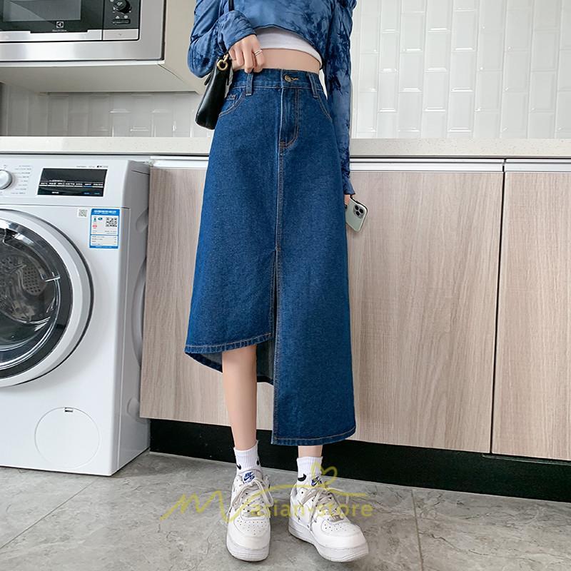 スカート | バッグゴムデニムロング秋冬 ミモレ丈 秋物 レディース 不規則裾 フロントスリット Aライン大きいサイズあり デニム スカート 6XL