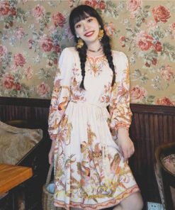 ミニ丈 | ワンピース ひざ丈 膝上 白 青 レトロ風 花柄 かわいい 着映え 着痩せ 長袖 ゆったり 大人っぽ 普段使い 旅行 きれいめ リゾート お出かけ 部屋着  SNS映え