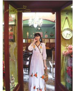 マキシ | ワンピース レディースワンピース 春夏 マキシワンピース ハイウエスト 長袖 二次会 通勤 OL 40代 着痩せ 刺繍 Vネック Aライン カジュアル エスニック 4色