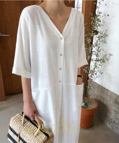 マキシ | ワンピース レディース 夏ワンピース 綿麻 五分袖 体型カバー 着痩せ 韓国風 30代 40代 50代 Vネック 通勤 OL デート キレイめ 新作 2022 お出かけ おしゃれ