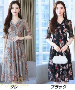 ミディアム | Aラインワンピース レディース 着痩せ 花柄 きれいめ おしゃれ 上品 20代 30代 40代 Vネック エレガント ワンピース 膝丈 上品 ミディアムワンピース サマー