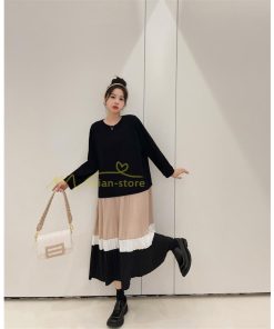 マキシ | 切り替えワンピース ドッキングワンピース 秋 レディース 裾プリーツワンピース ロングワンピース ゆったり 大きいサイズ 長袖 可愛い 秋物 大人 30代50代