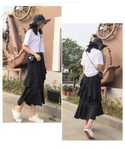 スカート | Aライン フレア裾 不規則アシンメトリー シフォン 韓国風 ティアード フリーサイズ 2020夏コーデ プリーツフレア ウエストゴム ハイウエスト