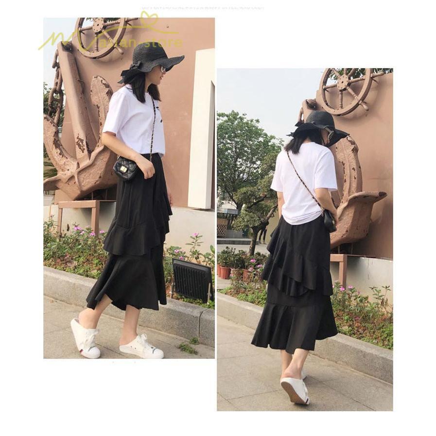 スカート | Aライン フレア裾 不規則アシンメトリー シフォン 韓国風 ティアード フリーサイズ 2020夏コーデ プリーツフレア ウエストゴム ハイウエスト
