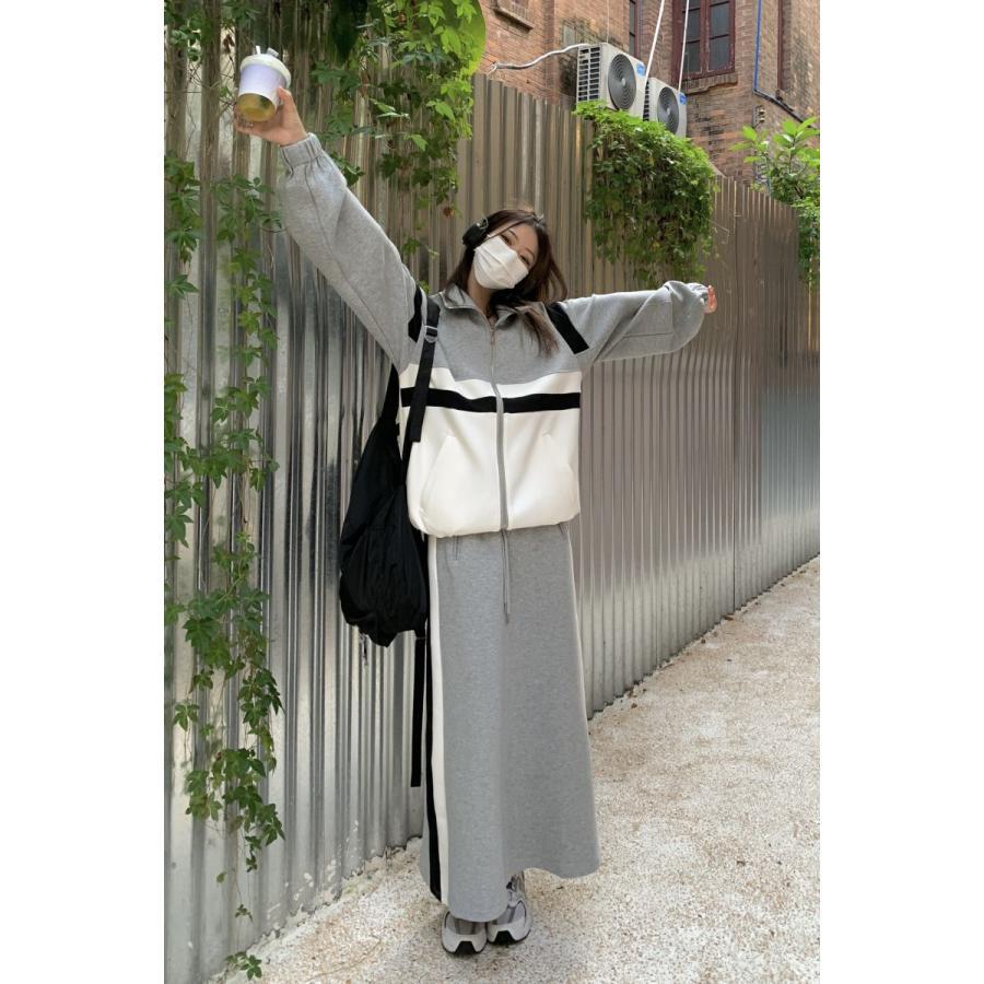 スカート | スウェット秋冬 レディース ドッキング ロングジャケット パーカー スウェット アウター 無地 ボトムズ 運動 ウエストゴム ジップアップ