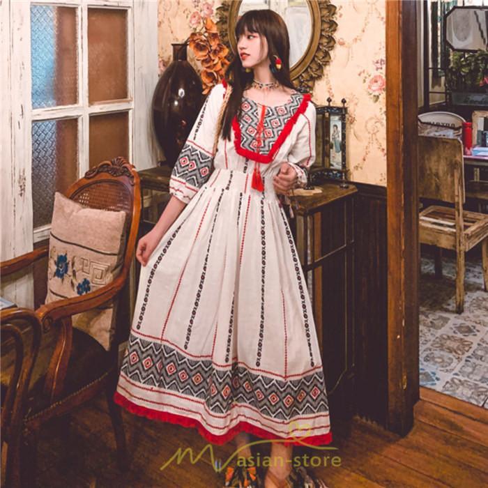 マキシ | ワンピース 夏 レディース リゾート きれいめ 夏ワンピ ファッション エスニック 幾何学柄 ウエストゴム レトロ サマーワンピース ロング 海外旅行 上品 夏服