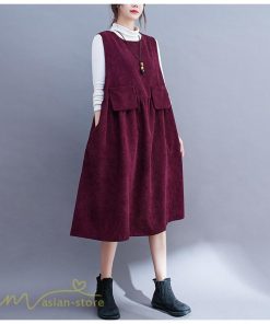 ノースリーブ | ワンピース 秋 冬 レディース 無地 可愛い 新作 丸首 コーデュロイ ひざ丈 ミディアムワンピース ゆったり シンプル ゆるワンピース プルオーバー