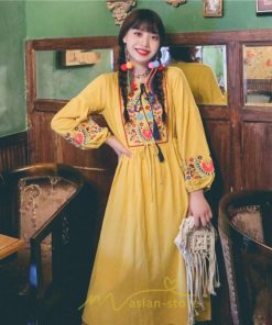 マキシ | ワンピース ロングワンピ パーティー お呼ばれ デート ゆったり 女子会 食事会 白 赤 黄色 青 Aライン 長袖 エスニック風 2022年夏秋新作 刺繍 Vネック 綿麻