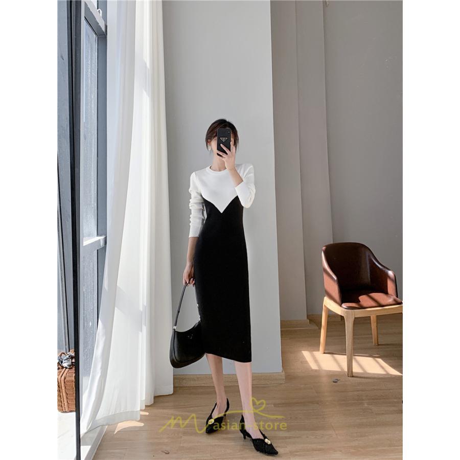 ニットワンピース | ワンピース 秋 秋服 レディース ニット ロングワンピース ロング 長袖 冬 冬服 タイト 切り替え 着痩せ お出かけ 韓国風 20代30代40代50代 通勤 2022新作