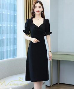 ミディアム | ワンピース レディース 着痩せ 半袖 Vネック カジュアル Aライン おしゃれ ミディアムワンピース エレガント 大きいサイズ 黒 夏 サマーワンピース 夏服 新作