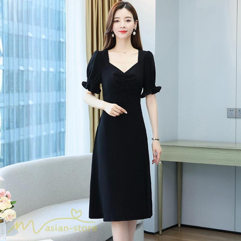 ミディアム | ワンピース レディース 着痩せ 半袖 Vネック カジュアル Aライン おしゃれ ミディアムワンピース エレガント 大きいサイズ 黒 夏 サマーワンピース 夏服 新作